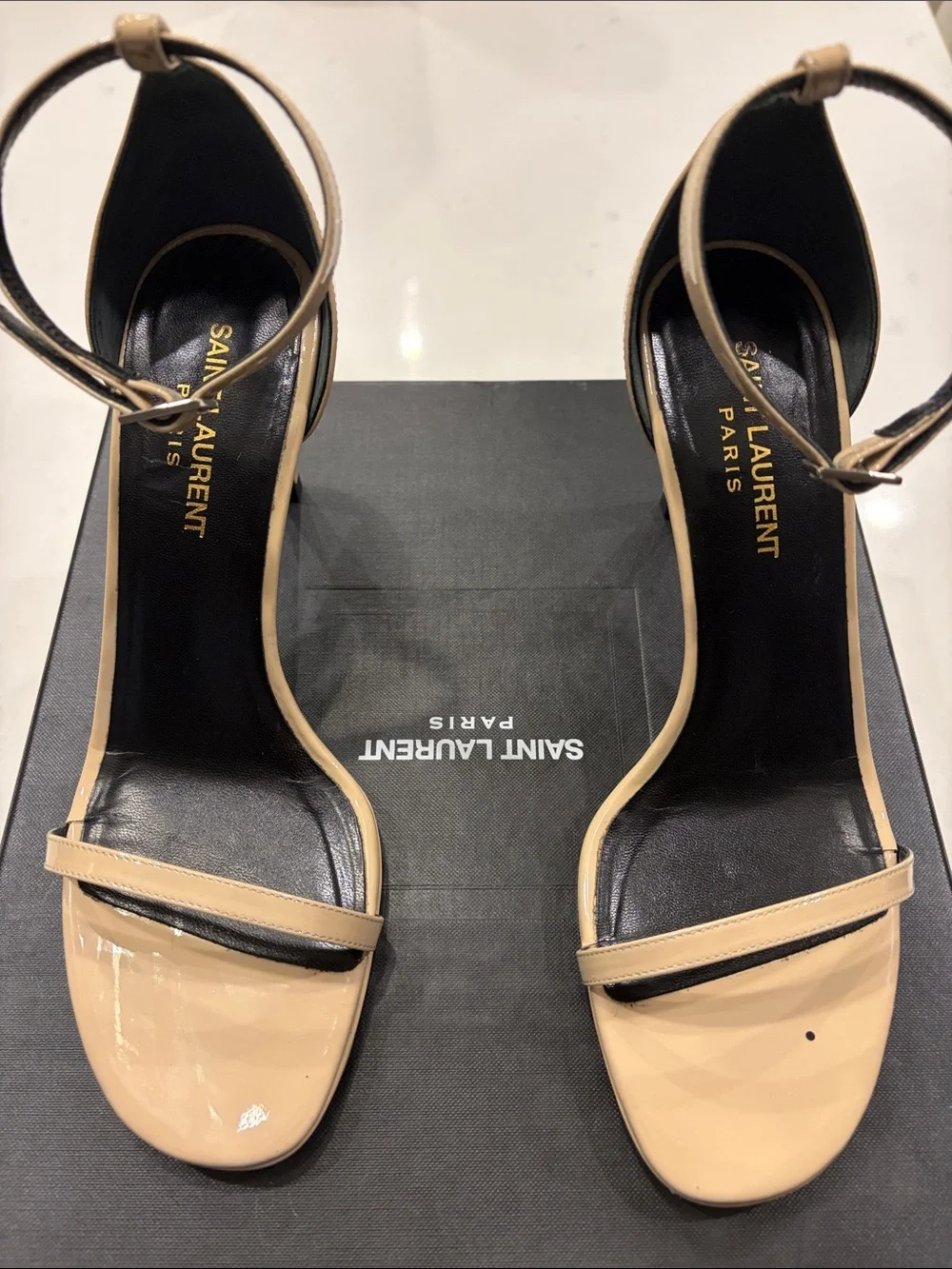 Saint Laurent Nude-Powder Patent Leather Ankle-Strap Heels - Picture 1 of 9